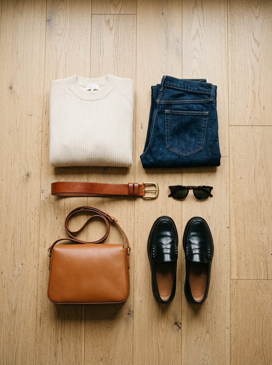 Minimalist capsule wardrobe essentials flat-lay on clean workstation