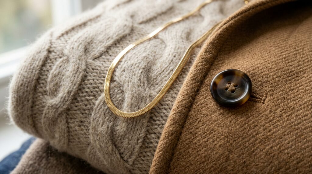 Close-up of luxury capsule wardrobe textures with folded cream knitwear and camel wool coat