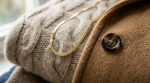 Close-up of luxury capsule wardrobe textures with folded cream knitwear and camel wool coat