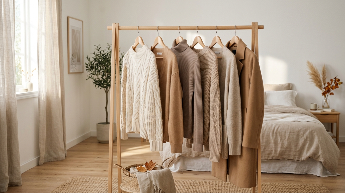 Organized minimalist wardrobe rack with neutral knits and camel outerwear