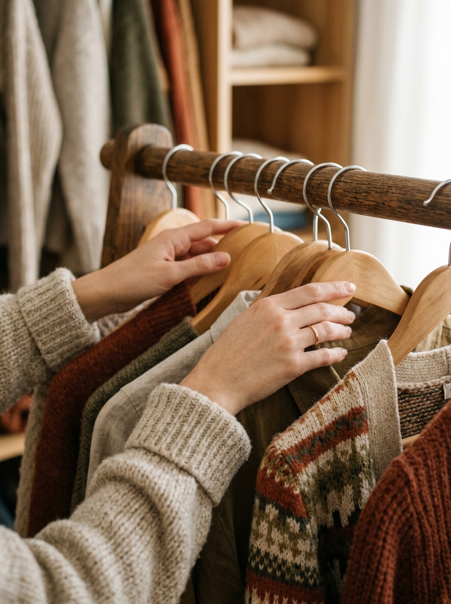 Woman sorting hangers on a wooden clothing rack during wardrobe audit