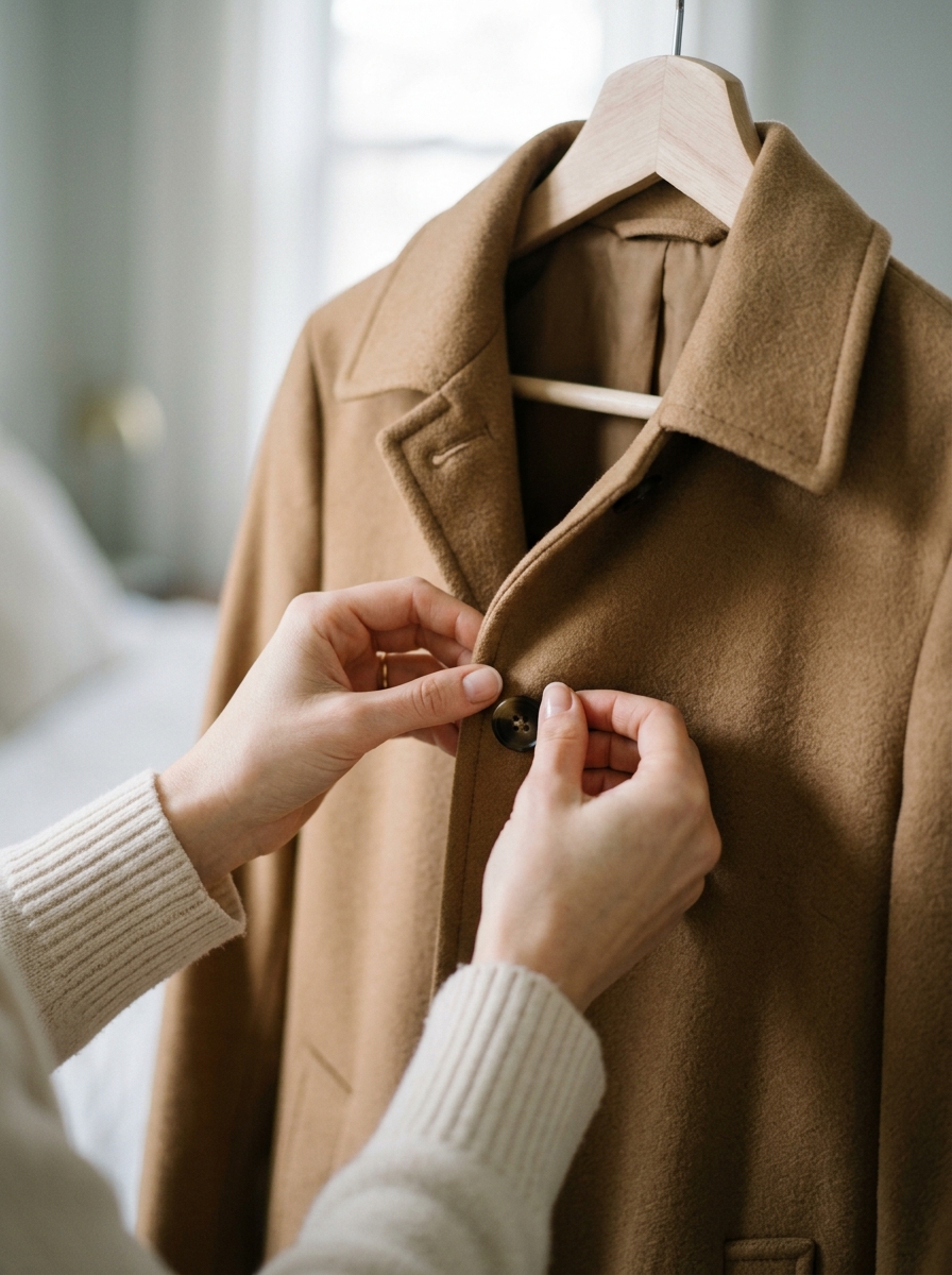 Woman hands fastening double-breasted coat buttons demonstrating minimalist tailoring
