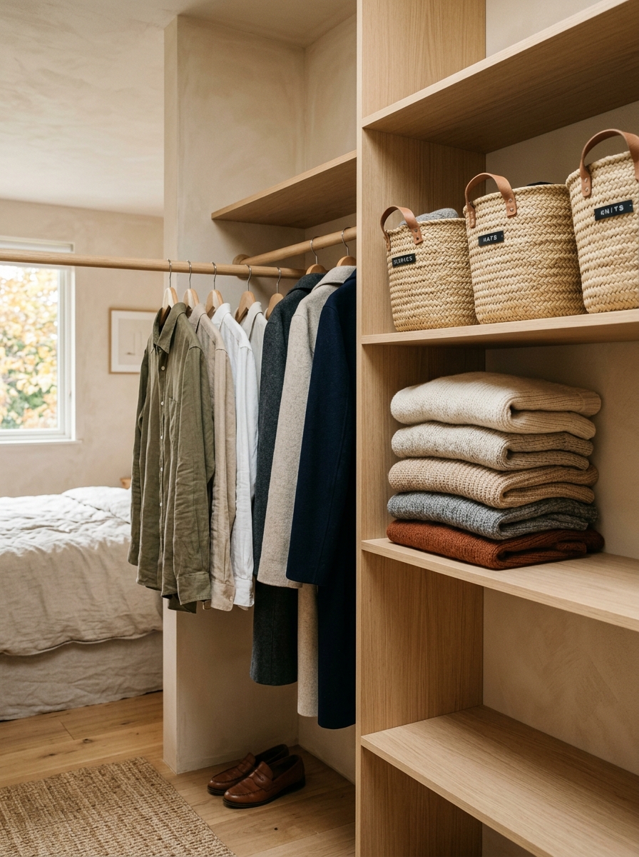 Calm organized walk-in closet with folded knits and hanging tailored garments