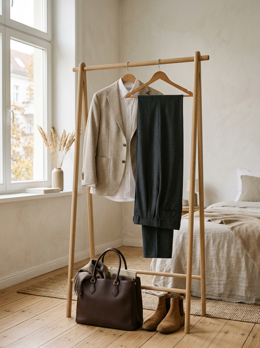 Styled neutral capsule wardrobe garments hanging on wooden rack