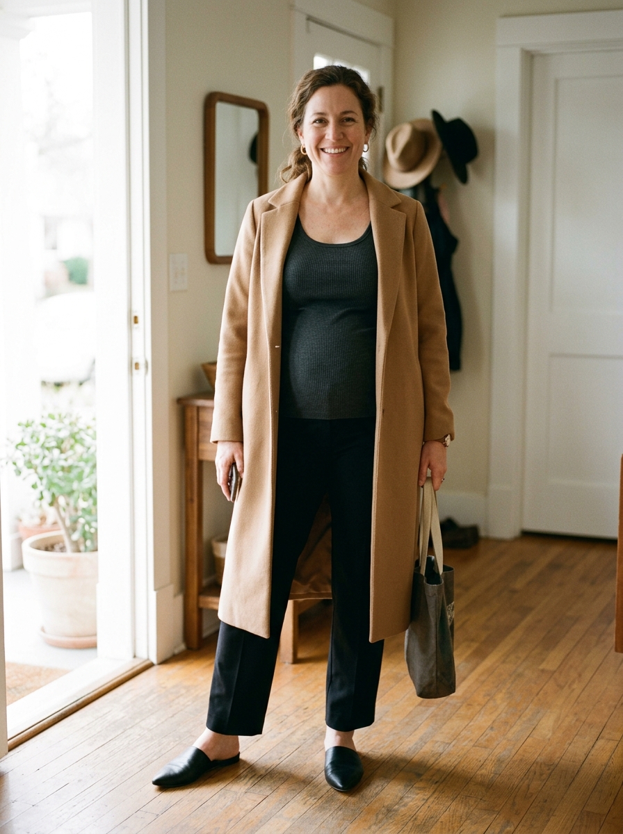Woman styling an unbroken vertical column outfit with an open longline coat over dark monochrome separates