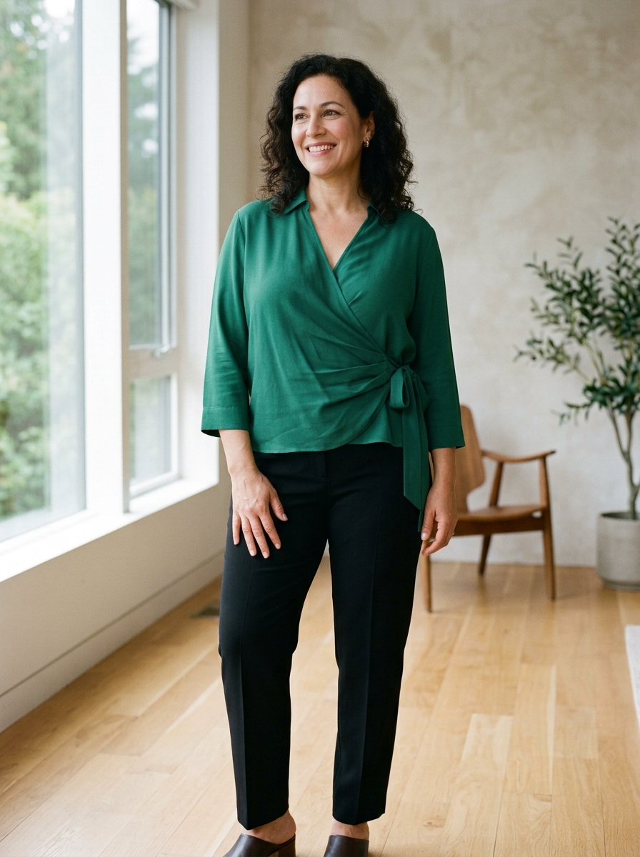 Medium shot of a woman with fuller torso wearing a tailored fluid wrap blouse with diagonal draping across the midsection