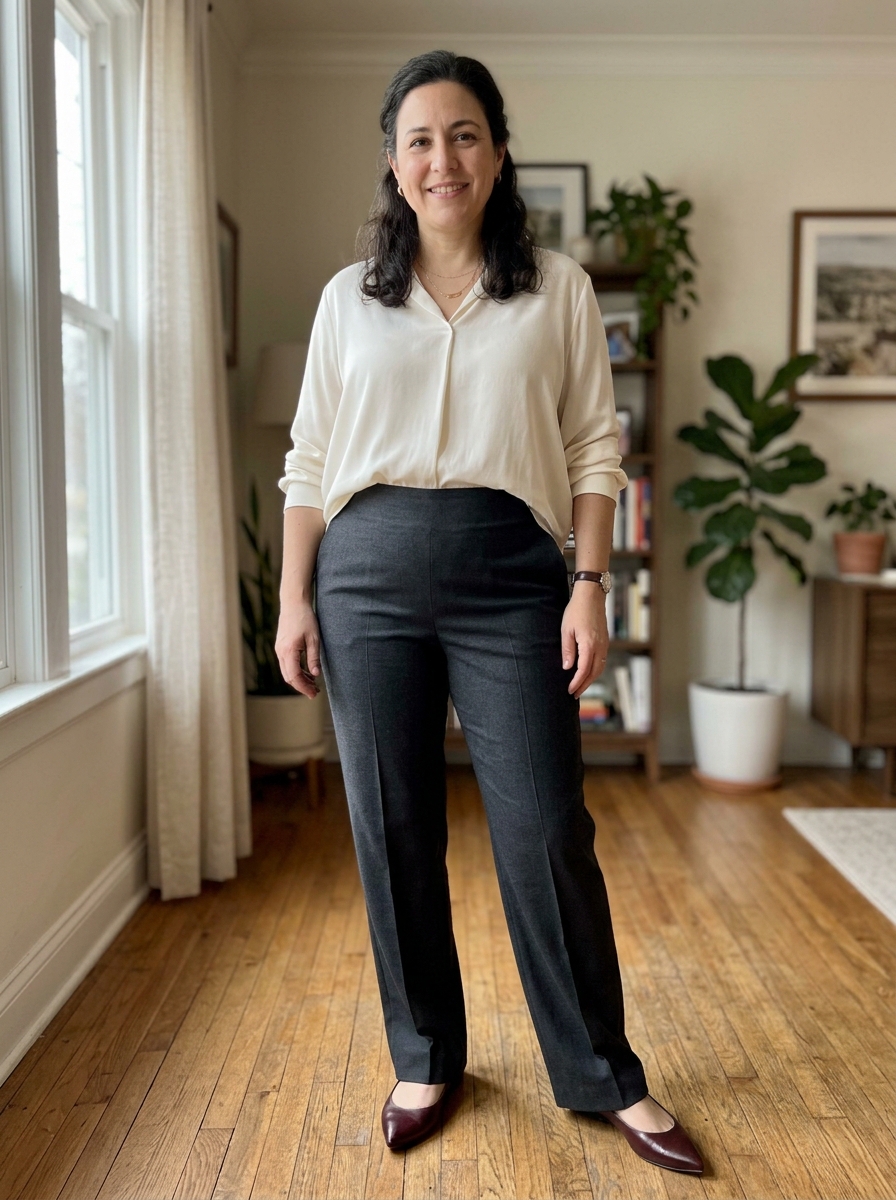 Close-up lower body detail of woman wearing tailored charcoal flat-front wool trousers and pointed-toe leather mules