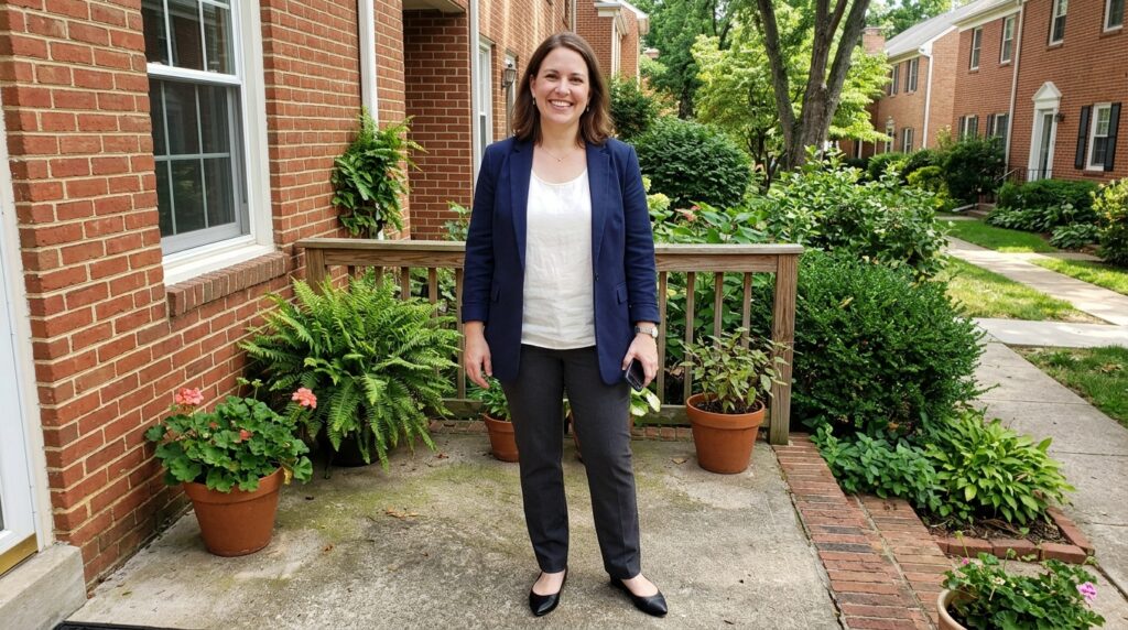 Woman with an apple body silhouette styled in an open navy tailored blazer over an ecru silk V-neck camisole and dark straight-leg trousers