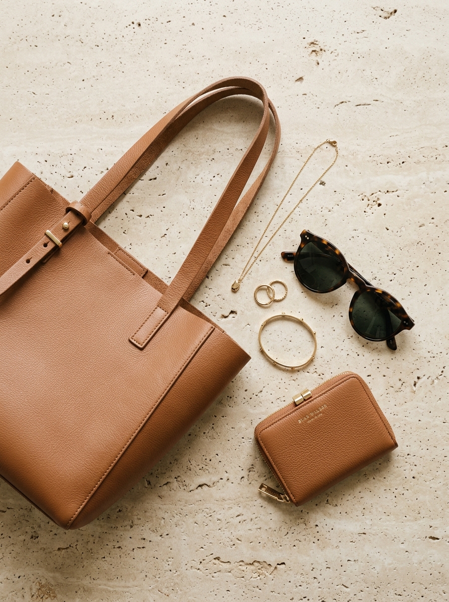 Travertine flat-lay of minimalist tan leather tote with sunglasses and wallet