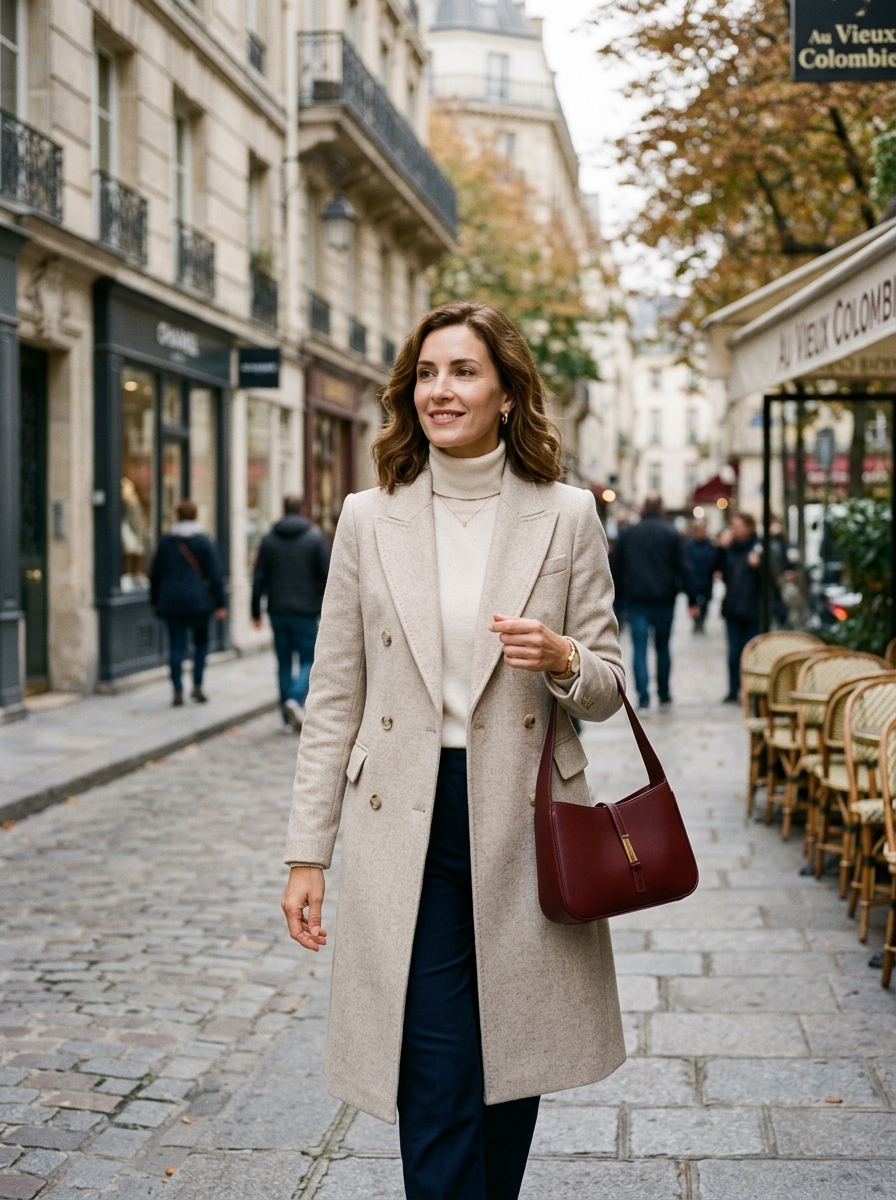 Street style woman wearing oatmeal coat holding structured burgundy shoulder bag