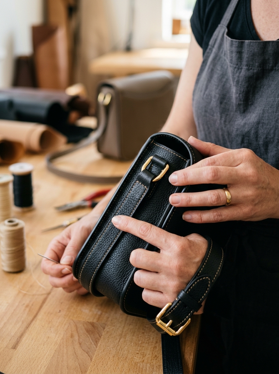 Atelier craftsman inspecting saddle stitching on black leather luxury bag