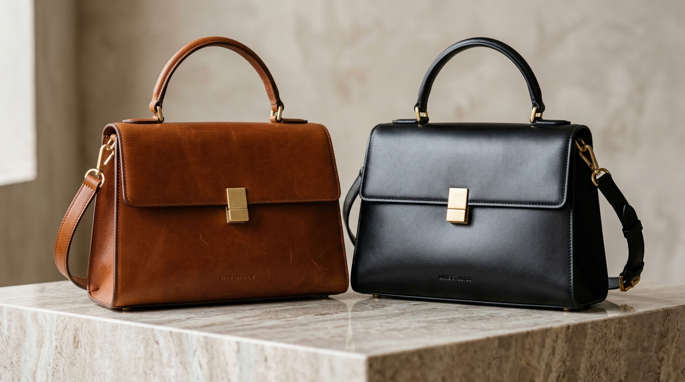 Structured luxury leather handbags in cognac brown and black calfskin on marble