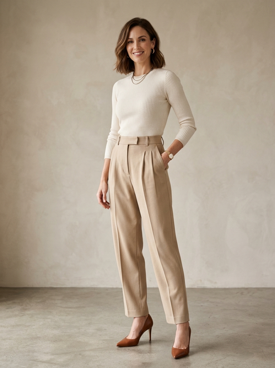 Full body studio portrait illustrating the 1/3 to 2/3 proportion rule with pleated trousers