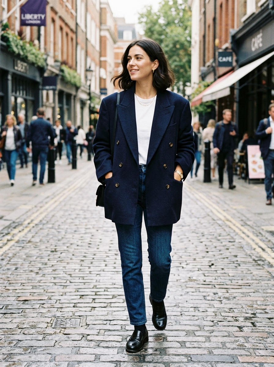 Street style woman wearing oversized navy blazer balanced with slim straight denim