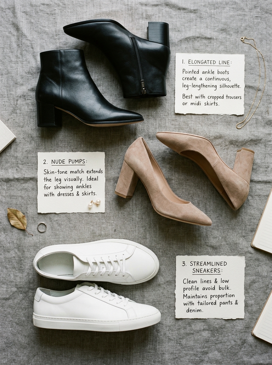 Footwear proportion flat-lay showing pointed ankle boots, nude block heels, and sneakers