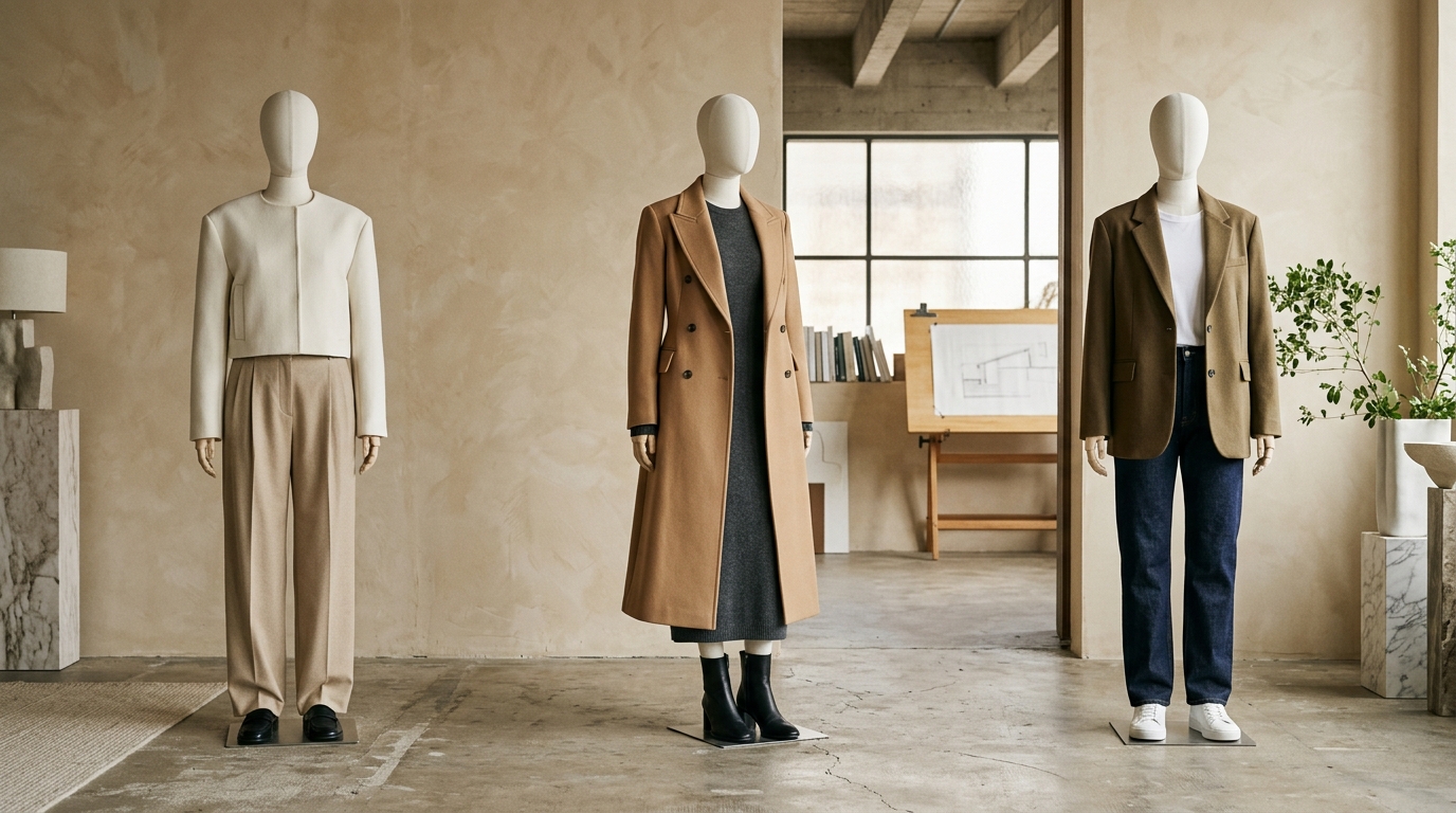 Architectural studio mannequins displaying three proportional outfit silhouettes