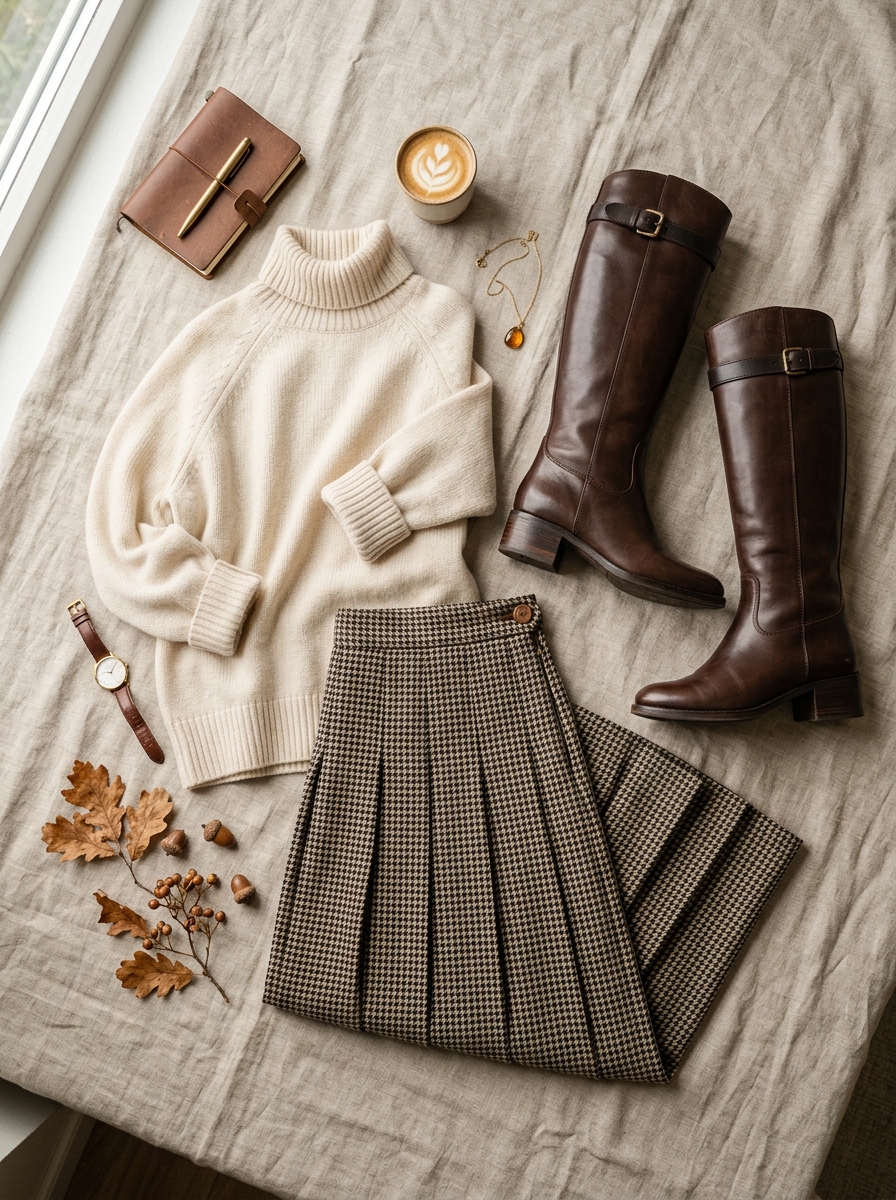 Neutral flat-lay of tall knee-high leather riding boots with houndstooth pleated skirt