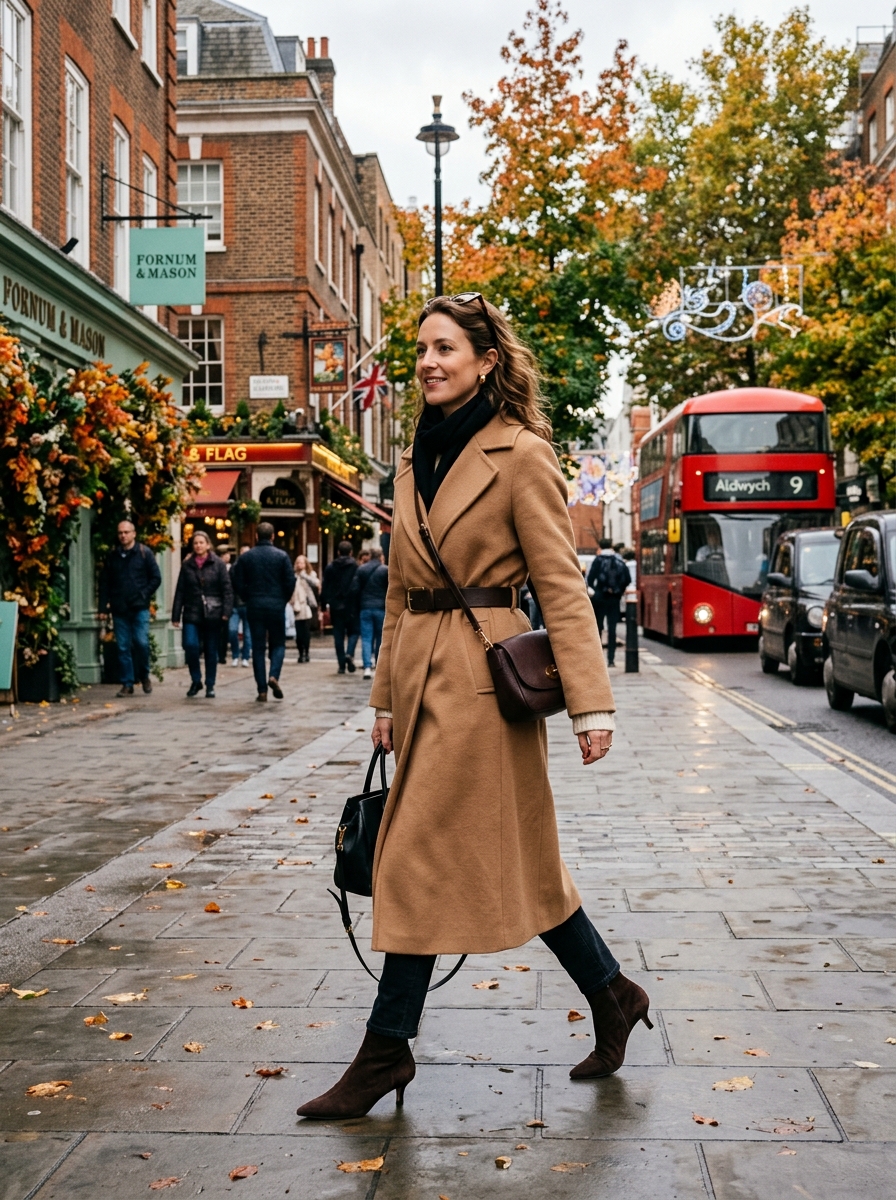 Street style woman in London wearing camel coat and pointed chocolate suede kitten-heel boots