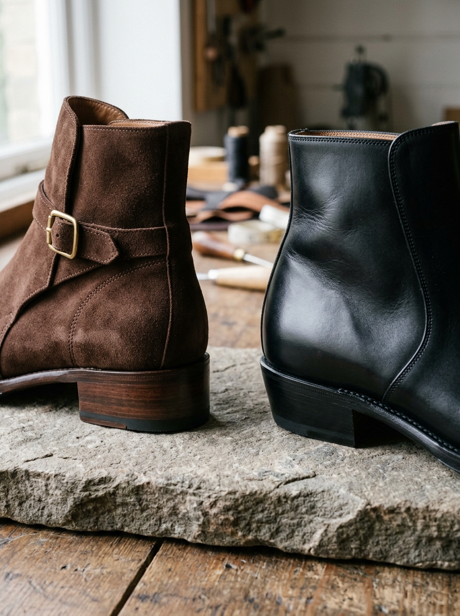 Close-up detail of boot craftsmanship: rich brown suede and black leather heels on stone