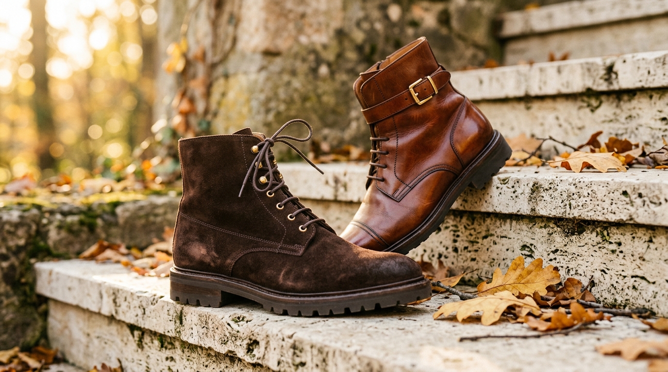 Luxury autumn boots in espresso suede and cognac leather on stone steps