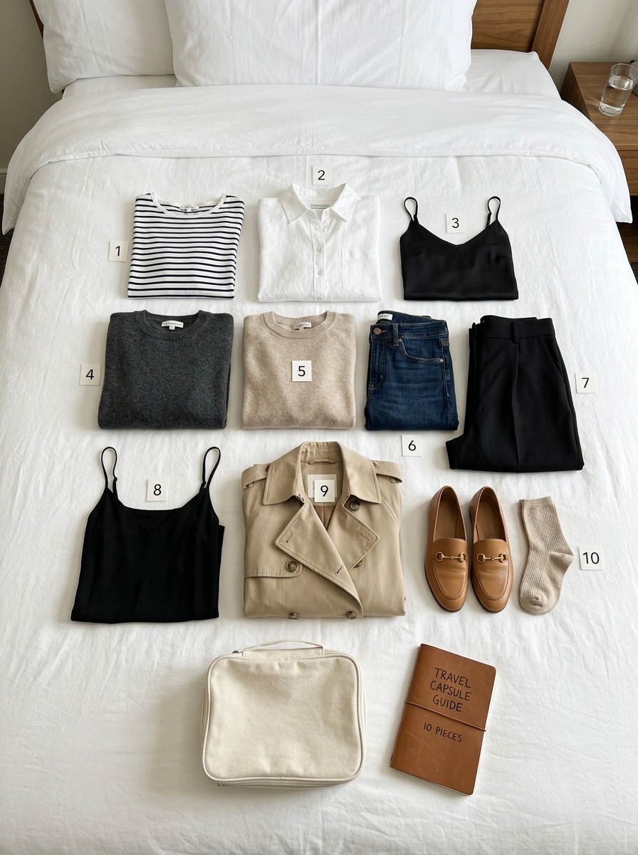 Numbered 10-piece travel capsule flat-lay on crisp white hotel linen duvet