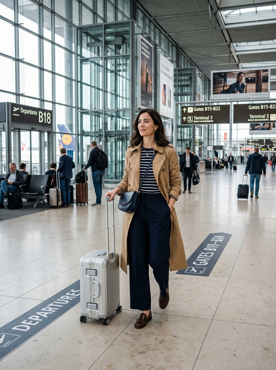 Full length photo of stylish woman at airport rolling silver suitcase in camel trench and loafers