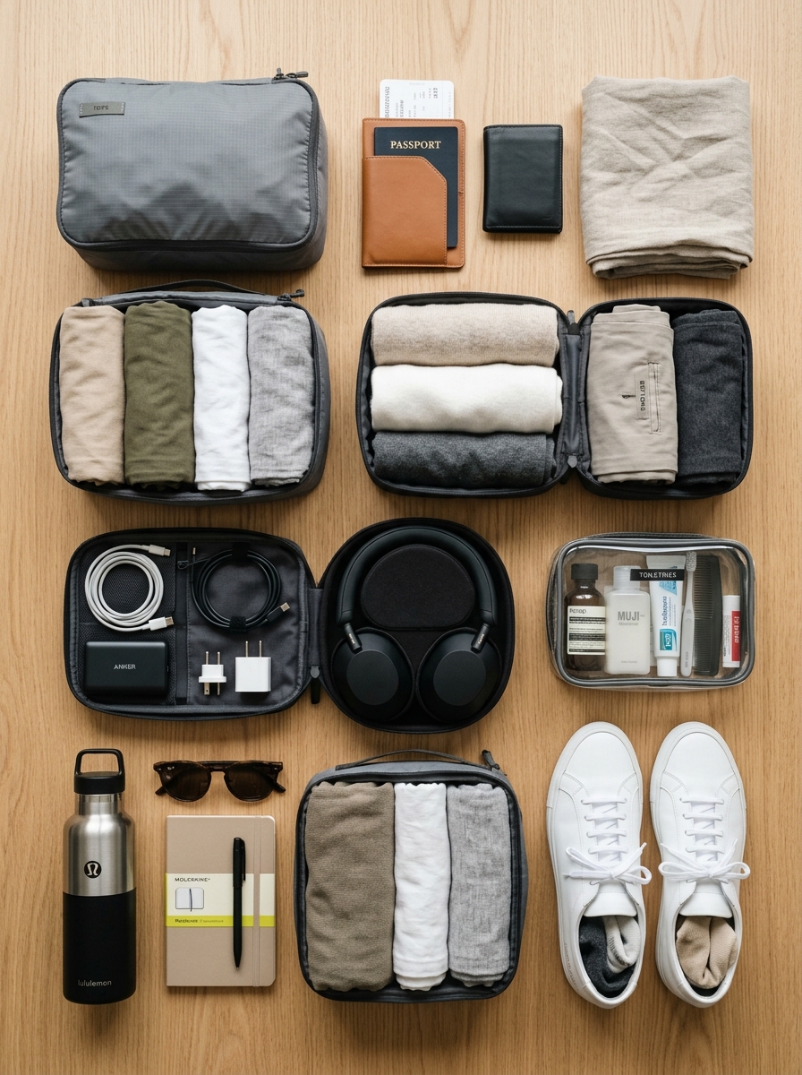 Top-down flat-lay of compression packing cubes with rolled wrinkle-resistant travel pieces