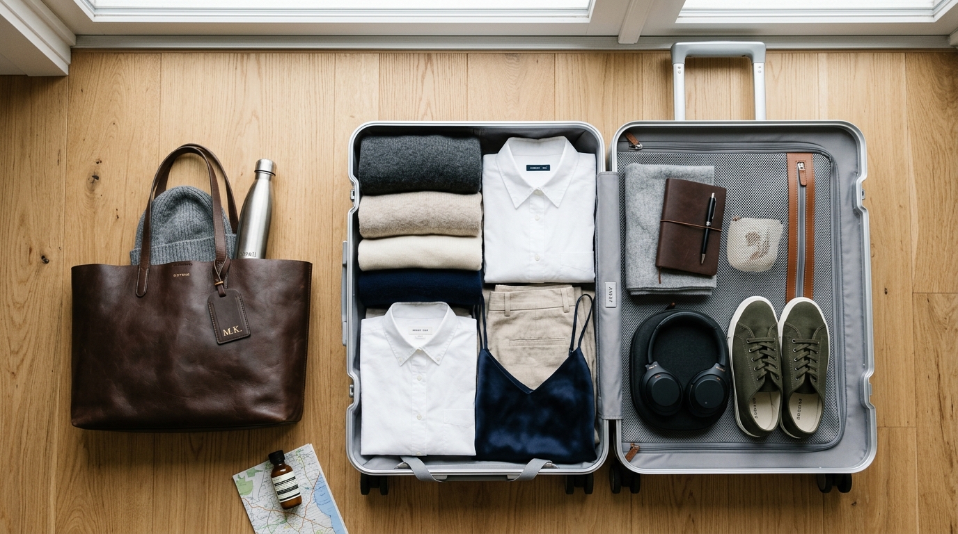Minimalist aluminum carry-on suitcase packed with neatly folded neutral knits and leather tote