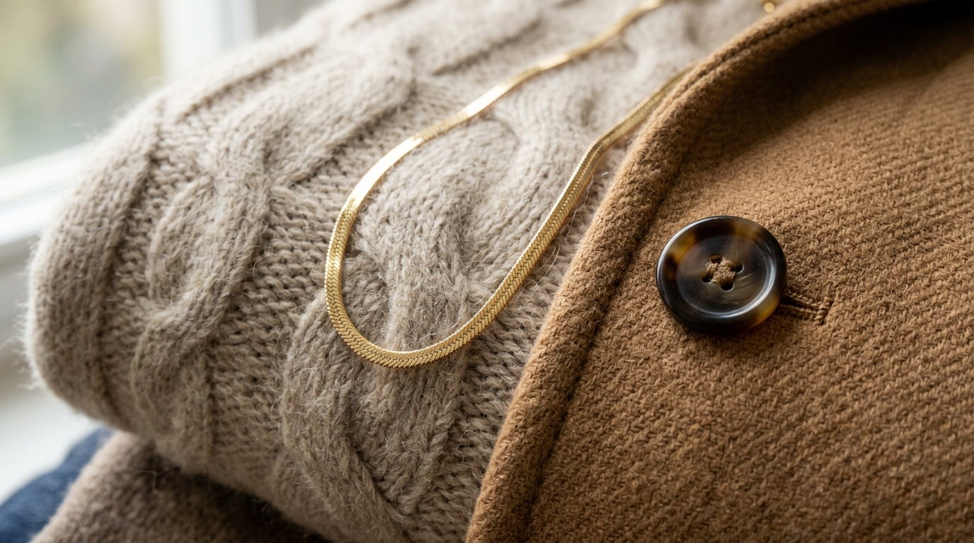 Curated neutral fall capsule wardrobe rack with camel wool coat and knitwear