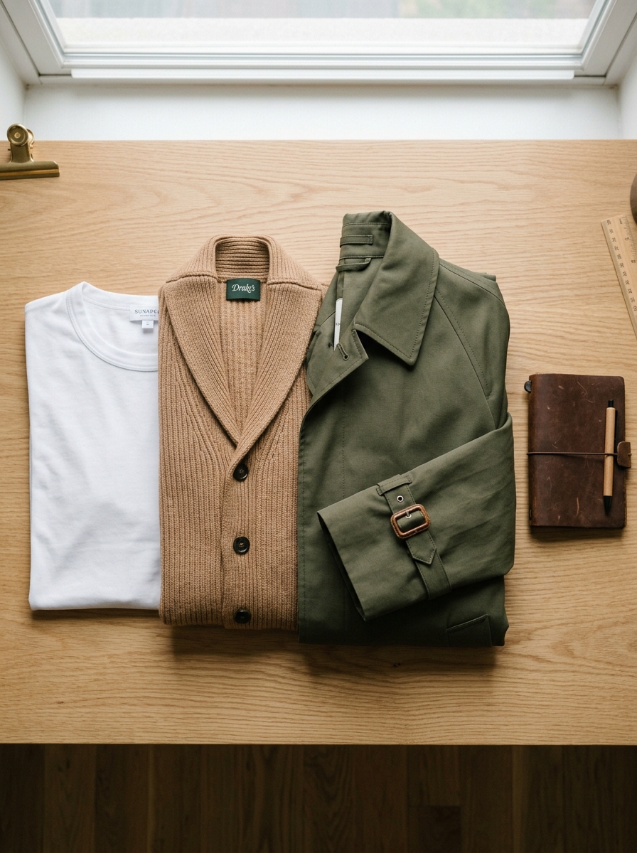 Clean overhead flat-lay arrangement displaying smooth white cotton base, textured ribbed camel merino cardigan, and structured olive trench coat on a wooden workstation