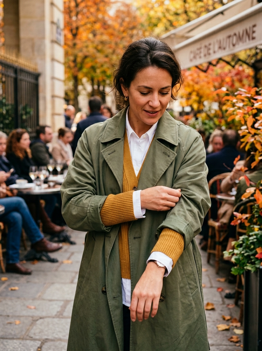 Terrace action detail shot of a woman adjusting her outerwear sleeve, showing how the knit sleeve sits smoothly within the coat armhole without armpit bunching