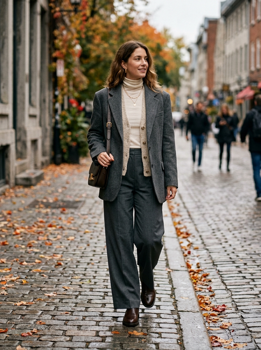Full-body street style photograph demonstrating textural contrast between smooth shirting, tactile knitwear, tailored charcoal blazer, and polished leather boots