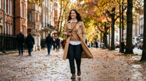 Full 3/4-body candid photograph of a woman walking along an autumn city sidewalk wearing a 3-layer outfit with white shirting, camel sweater, and open trench coat
