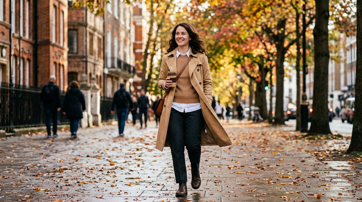 Full 3/4-body candid photograph of a woman walking along an autumn city sidewalk wearing a 3-layer outfit with white shirting, camel sweater, and open trench coat