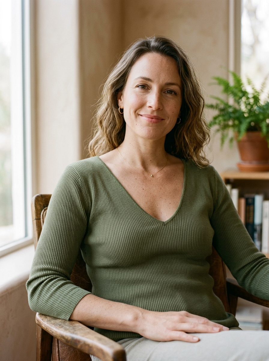Portrait view of an adult woman with an hourglass frame wearing a soft V-neck ribbed olive green knit top that drapes flat across collarbones