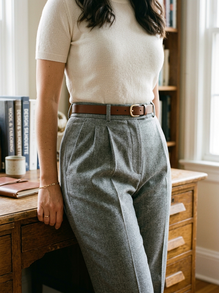Close-up styling shot of heather grey high-rise tailored trousers with a contoured waistband and soft pleats hugging the waist curve without gaping
