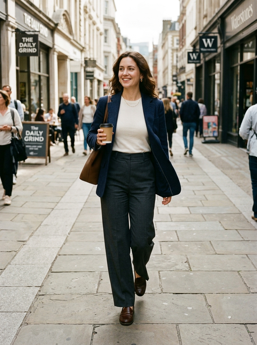 Full-length candid street style photo of an adult woman with an hourglass figure walking in an unbuttoned navy blazer over an ivory top and dark wide-leg trousers