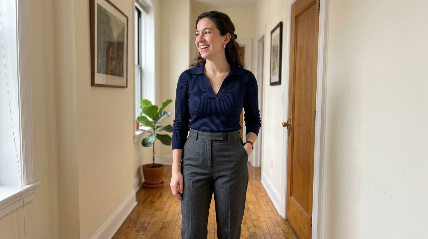 Adult woman with an authentic hourglass silhouette standing in a sunlit interior wearing tailored high-rise trousers and tucked knit top