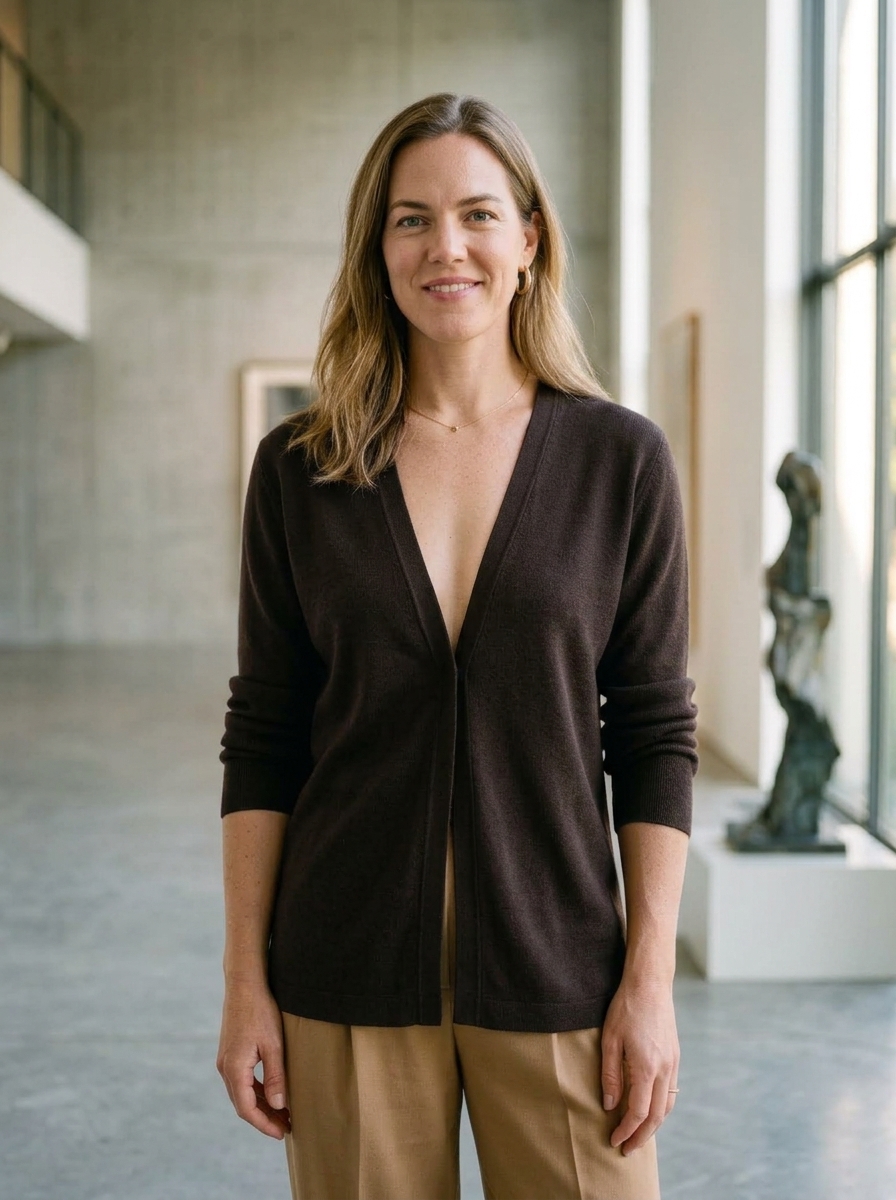 Mid-shot portrait photograph of a woman with an inverted triangle silhouette wearing a deep V-neck knit with soft raglan sleeve seams directing lines vertically