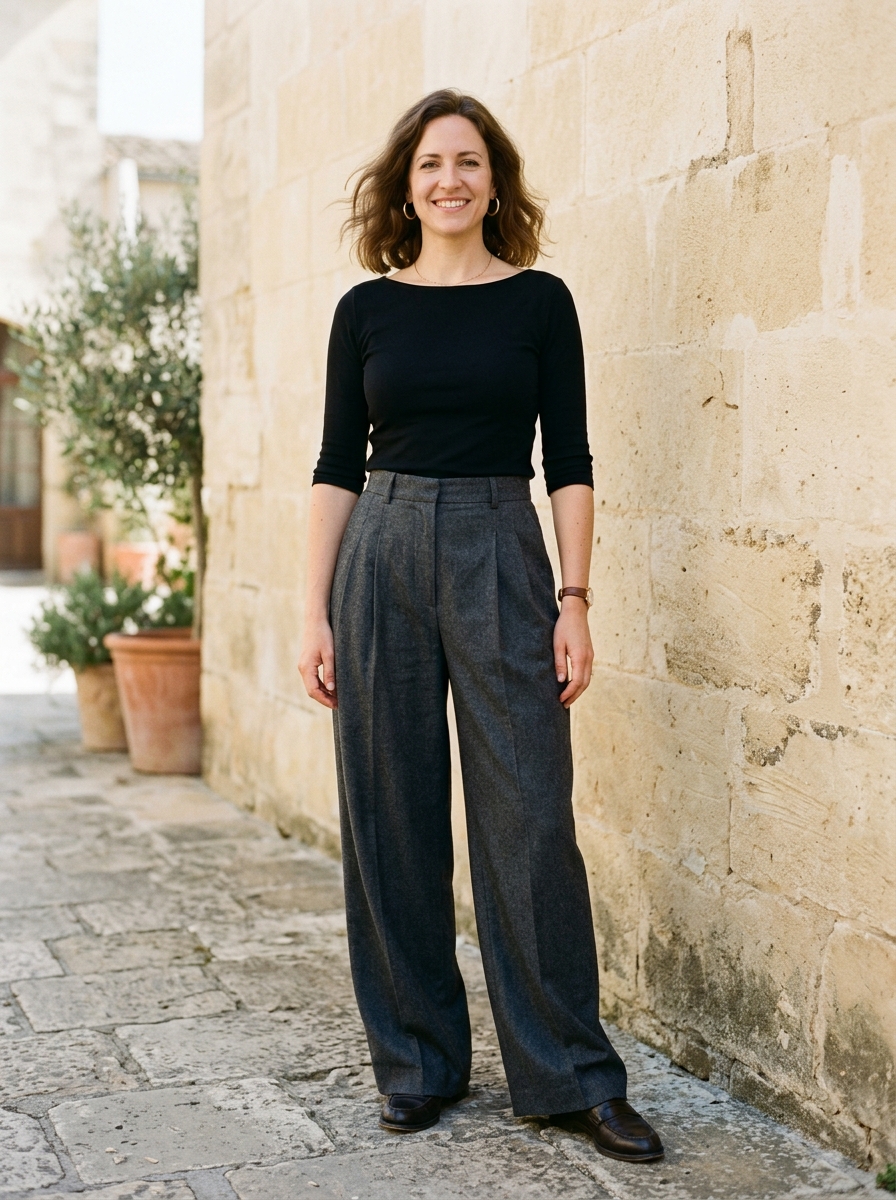 Detail styling shot of high-rise wide-leg pleated trousers in a structured taupe twill with deep front pleats and side slash pockets introducing lower-body volume