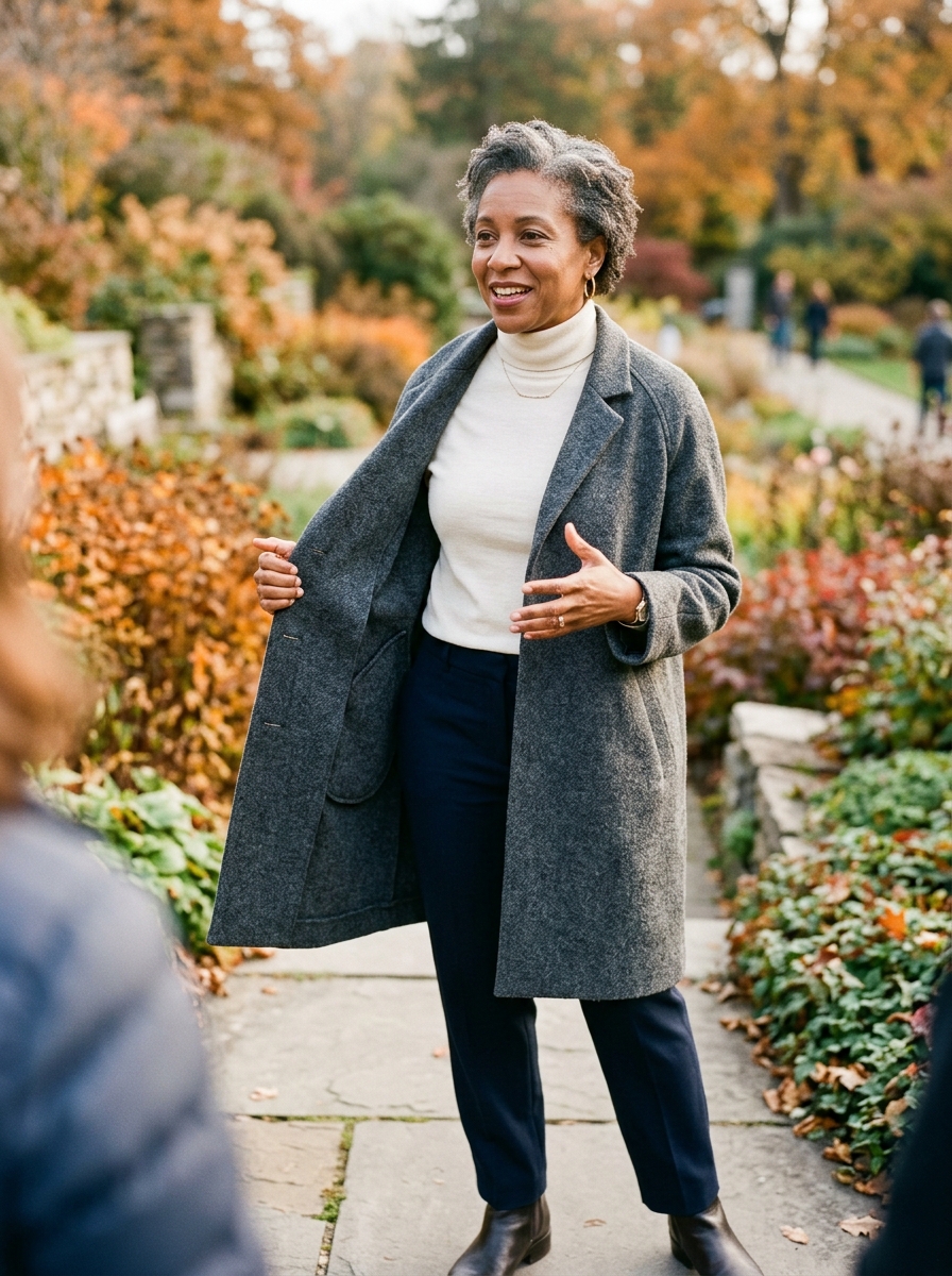Full 3/4-body street style photograph of a woman with an inverted triangle frame wearing an open single-breasted blazer with narrow lapels over a fluid A-line pleated skirt and leather boots