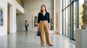 Adult woman with authentic inverted triangle proportions wearing an open tailored blazer with clean lapels over a deep V-neck ivory knit and fluid wide-leg pleated trousers walking outdoors