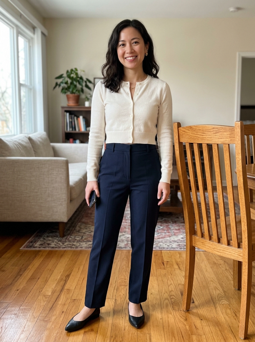 Petite woman wearing high-rise navy tailored trousers and cropped ivory knit cardigan demonstrating 1/3 to 2/3 proportion