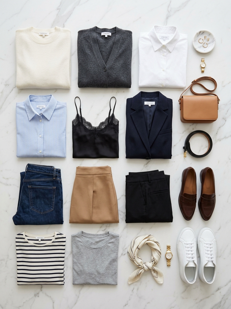 Overhead flat-lay of 15 curated capsule wardrobe essentials arranged on white marble