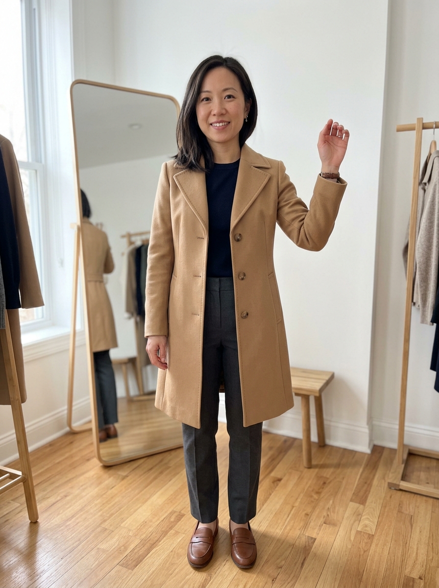 Petite woman in tailored trench coat with sleeve hem ending cleanly at the wrist bone