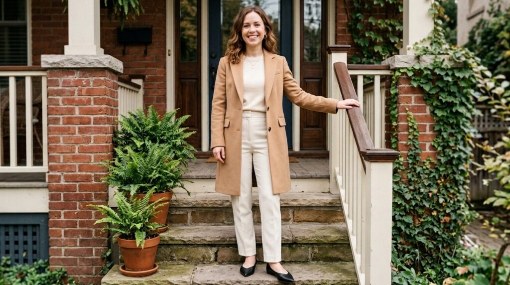 Visibly compact petite adult woman in high-waisted tailored ecru trousers and draped double-faced wool coat
