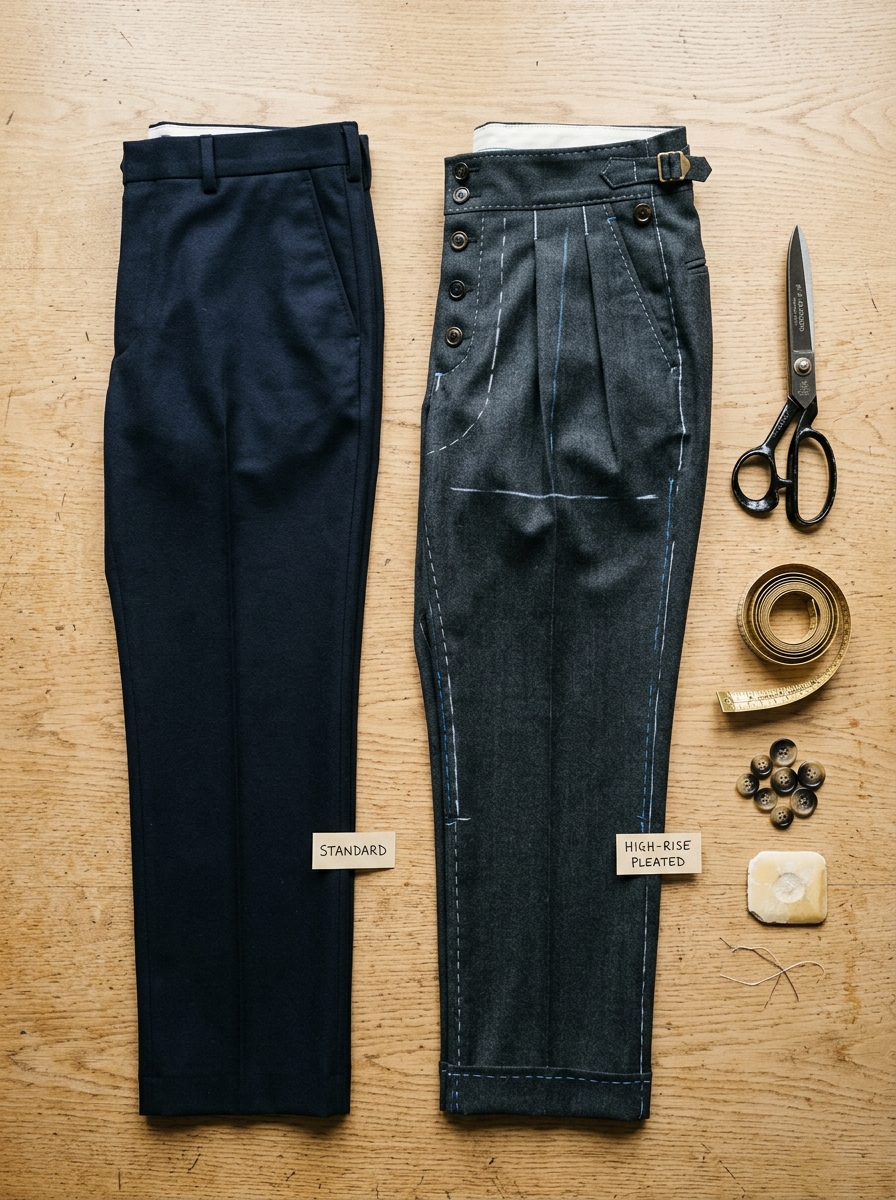Tailor cutting table flat-lay comparing straight-cut trousers against forward-pleated high-rise trousers with measuring tape and tailoring chalk