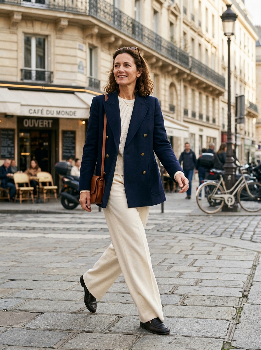 Street style candid photograph of an adult woman with athletic straight proportions wearing an unbuttoned structured blazer over a fluid monochrome trouser column