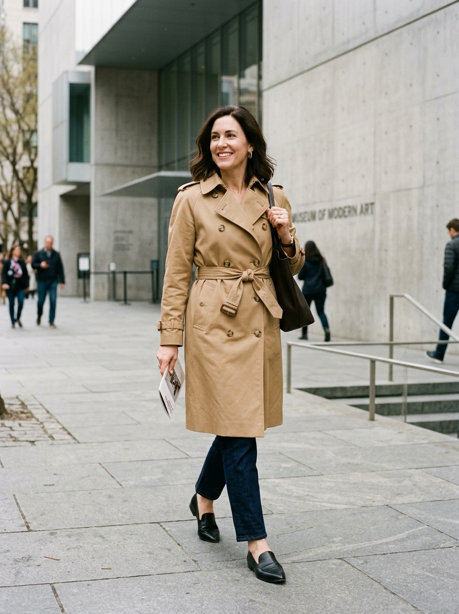 Editorial fashion portrait of an adult woman with rectangle proportions wearing a belted tailored trench coat over wide-leg trousers