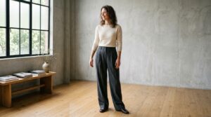 Full 3/4-body candid documentary fashion photograph of an adult woman with natural rectangle body proportions wearing high-waisted pleated wide-leg trousers in charcoal and a cream boatneck knit in a sunlit architectural studio